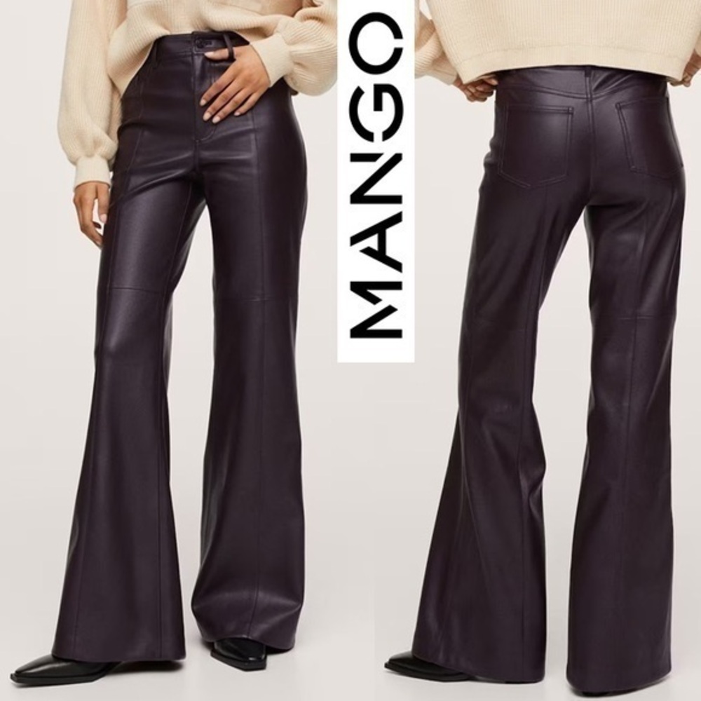 Mango NWT Faux Leather Purple Wine Wide High Waist Flare Pants EU 46 US L (14)